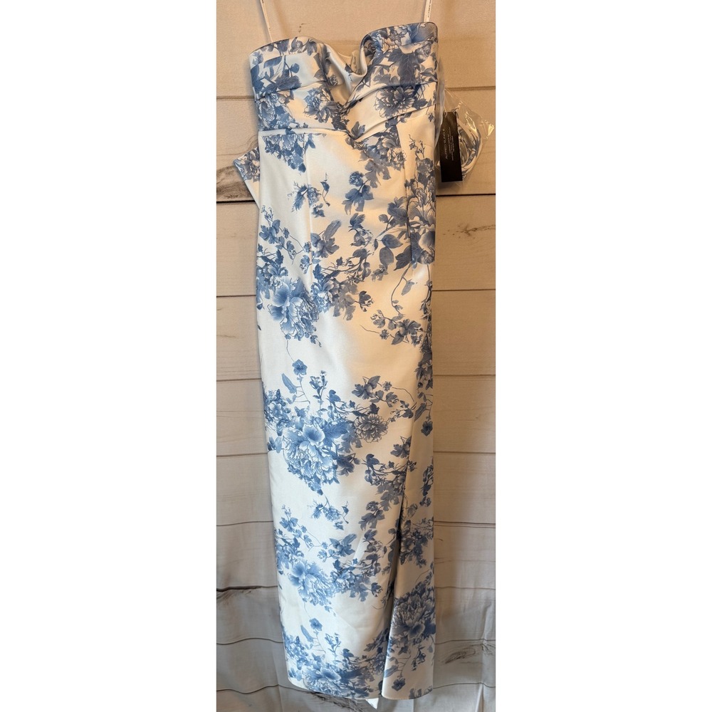 Alfred Sung D856FP Blue Floral Strapless Back Bow Gown Dress 6R